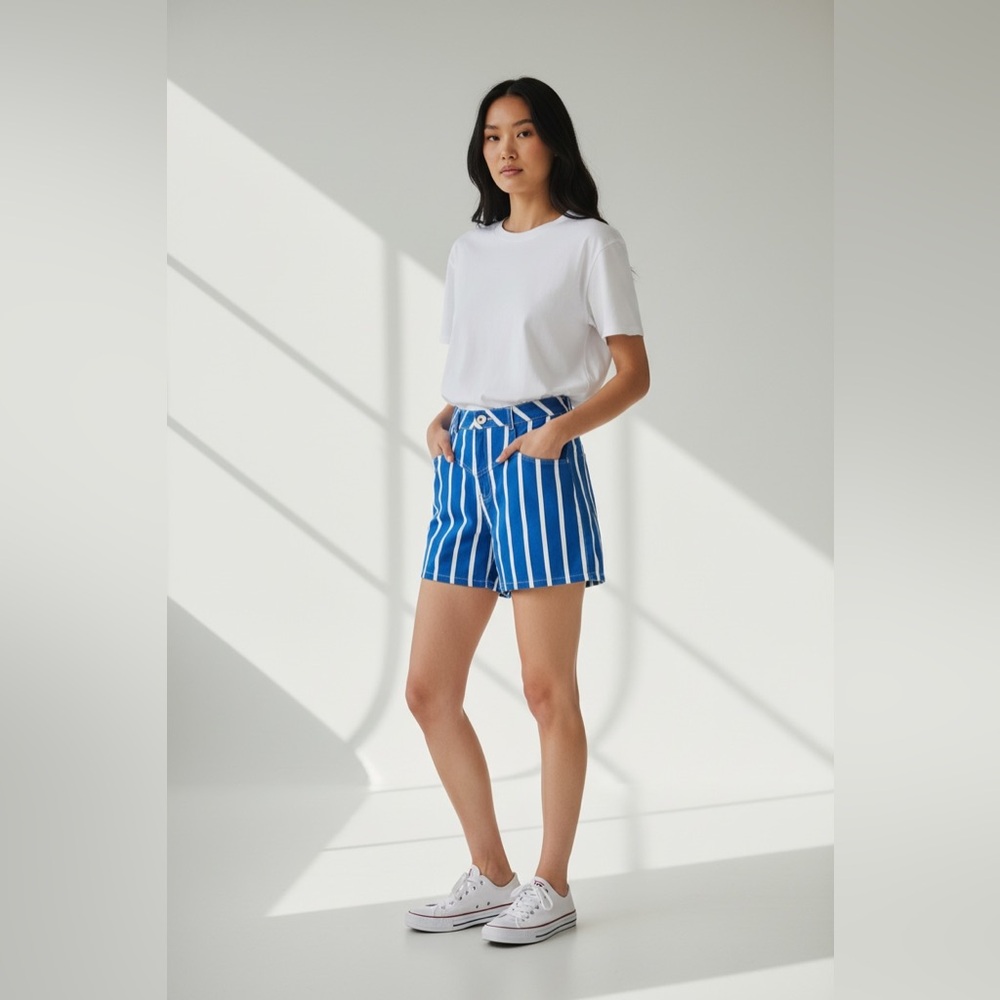 ASOS High Waist Denim Shorts Blue Stripe Size 4